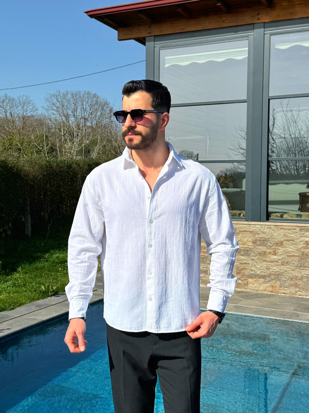 Beyaz Premium Fit Krinkıl Keten Gömlek