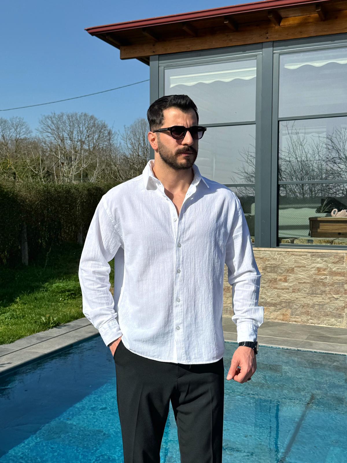 Beyaz Premium Fit Krinkıl Keten Gömlek