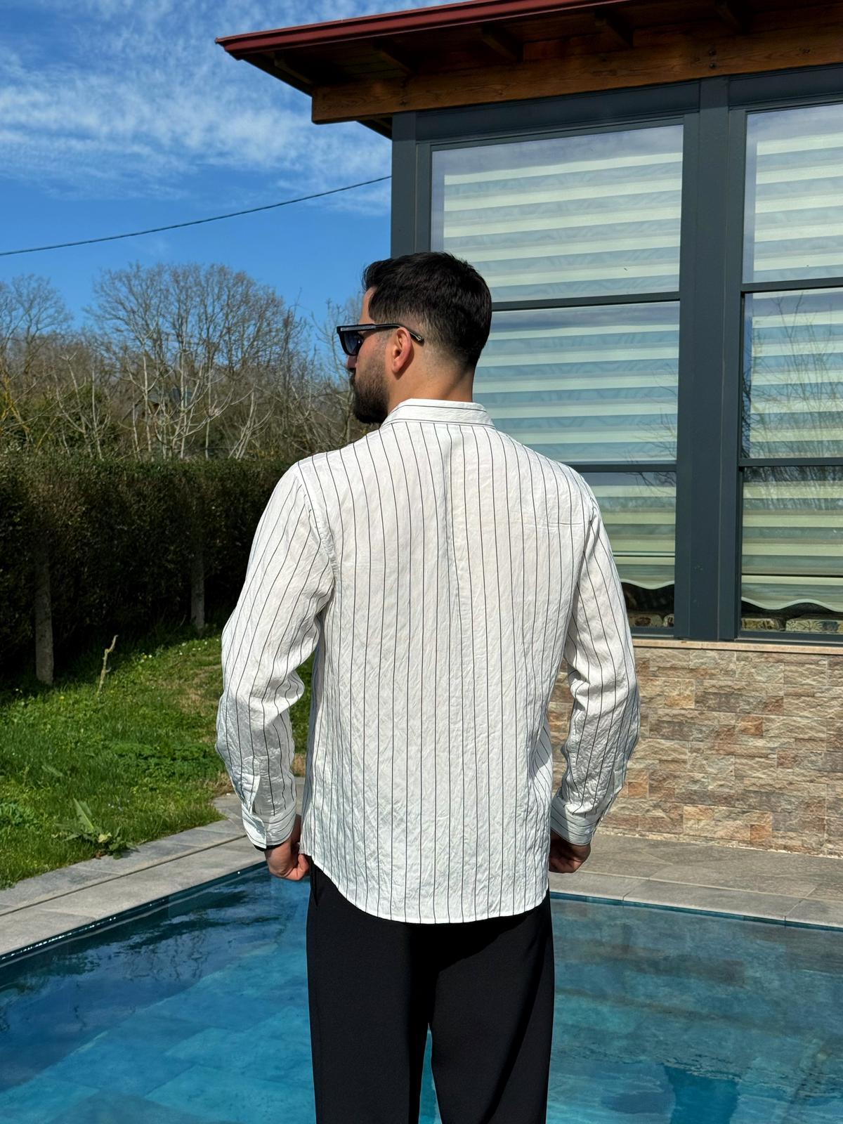 Beyaz Premium Yazlık İnce Çizgili Gömlek