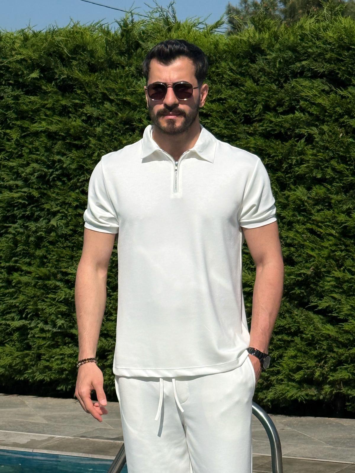 Beyaz Regular Fit Yarım Fermuarlı Yazlık Osyho Takım