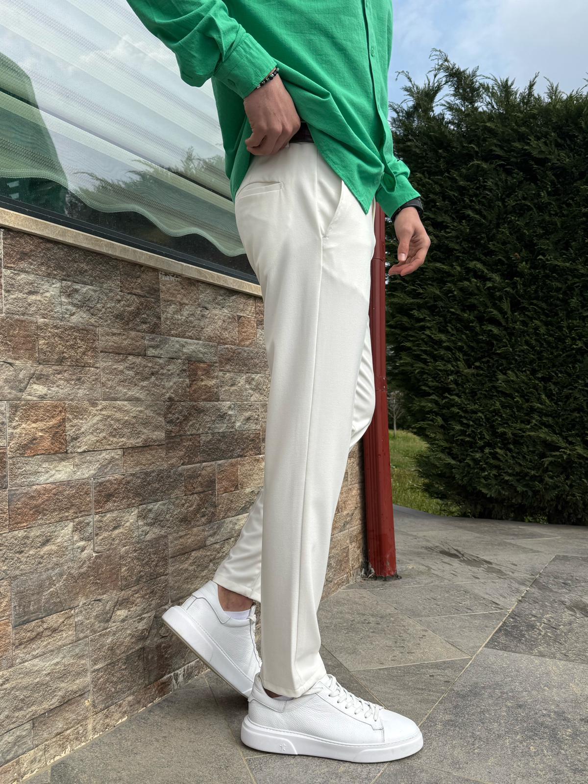 Beyaz Regular Kesim Kumaş Pantolon