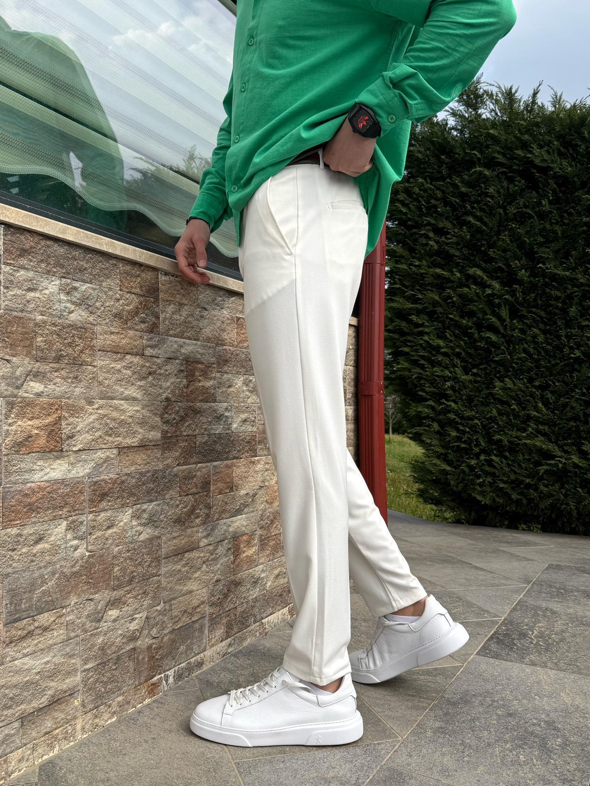 Beyaz Regular Kesim Kumaş Pantolon