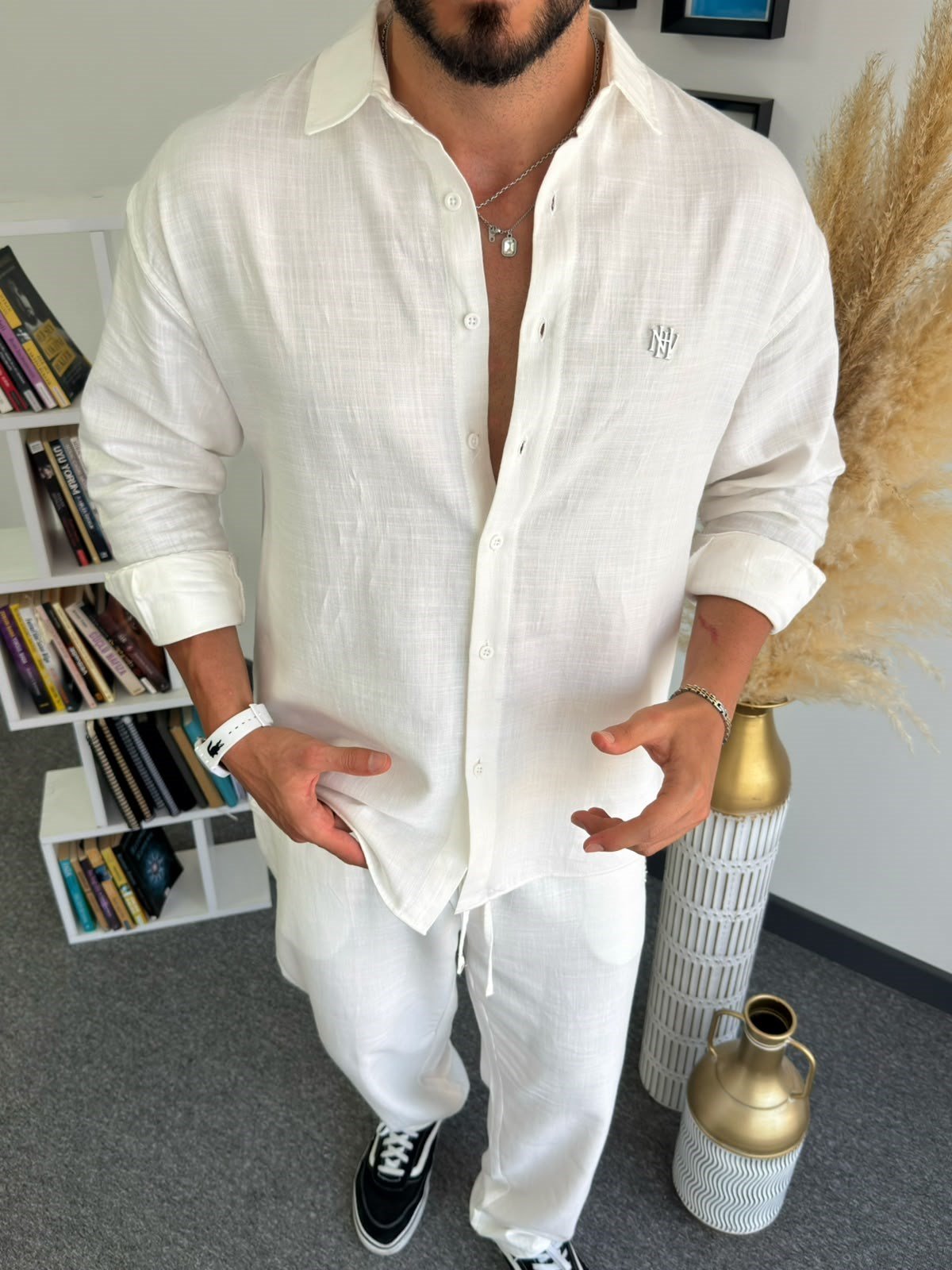 Beyaz Ultra Hafif Keten Oversize Takım
