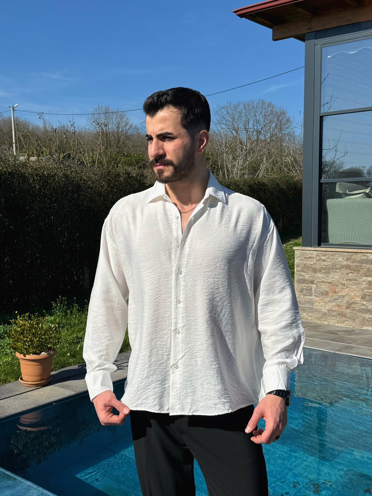 Beyaz Viskon Keten Oversize Gömlek