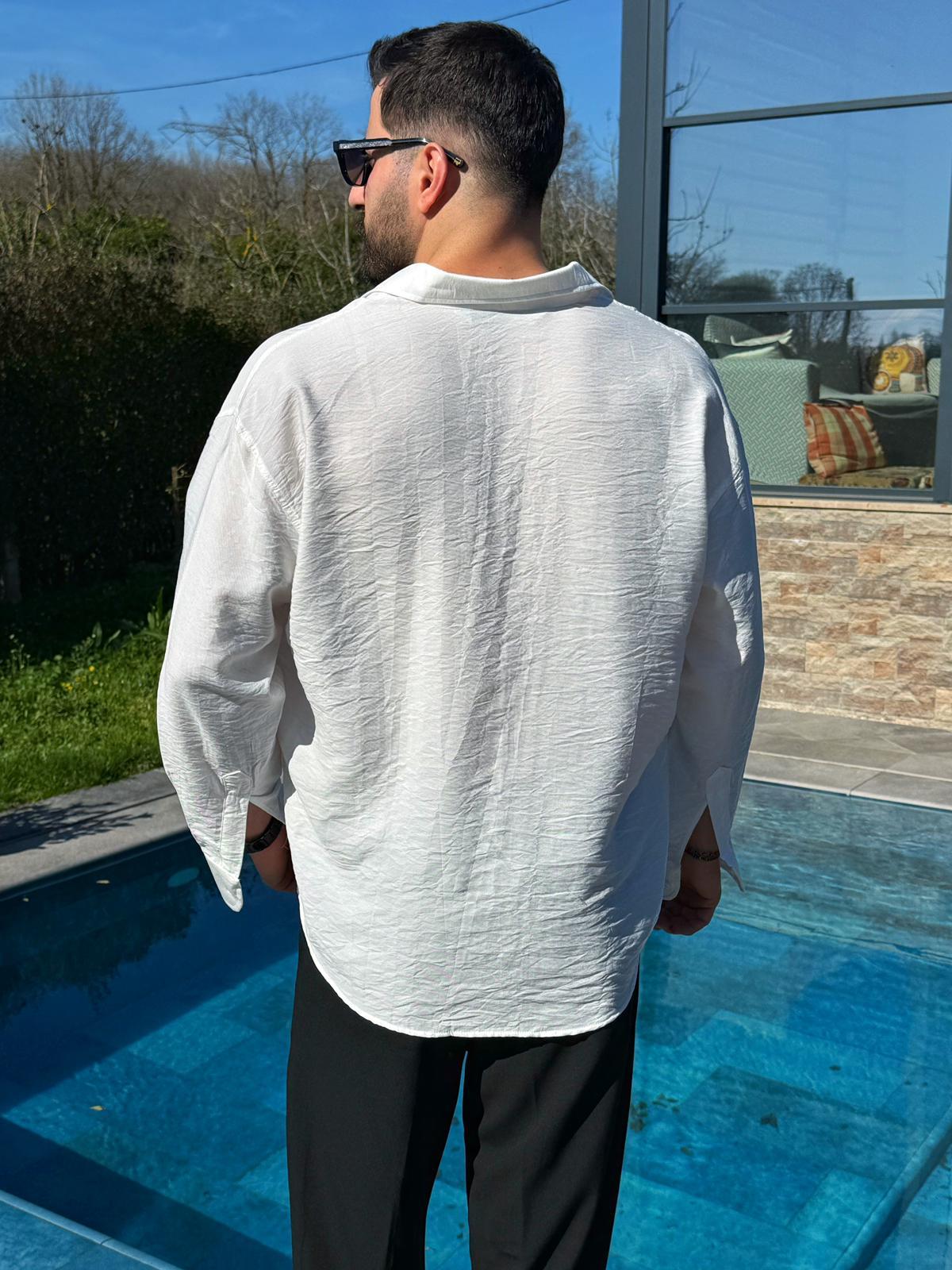 Beyaz Viskon Keten Oversize Gömlek
