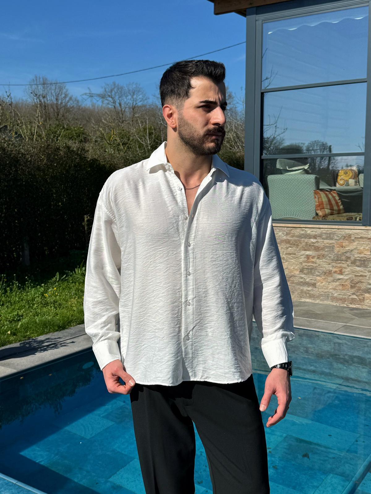 Beyaz Viskon Keten Oversize Gömlek