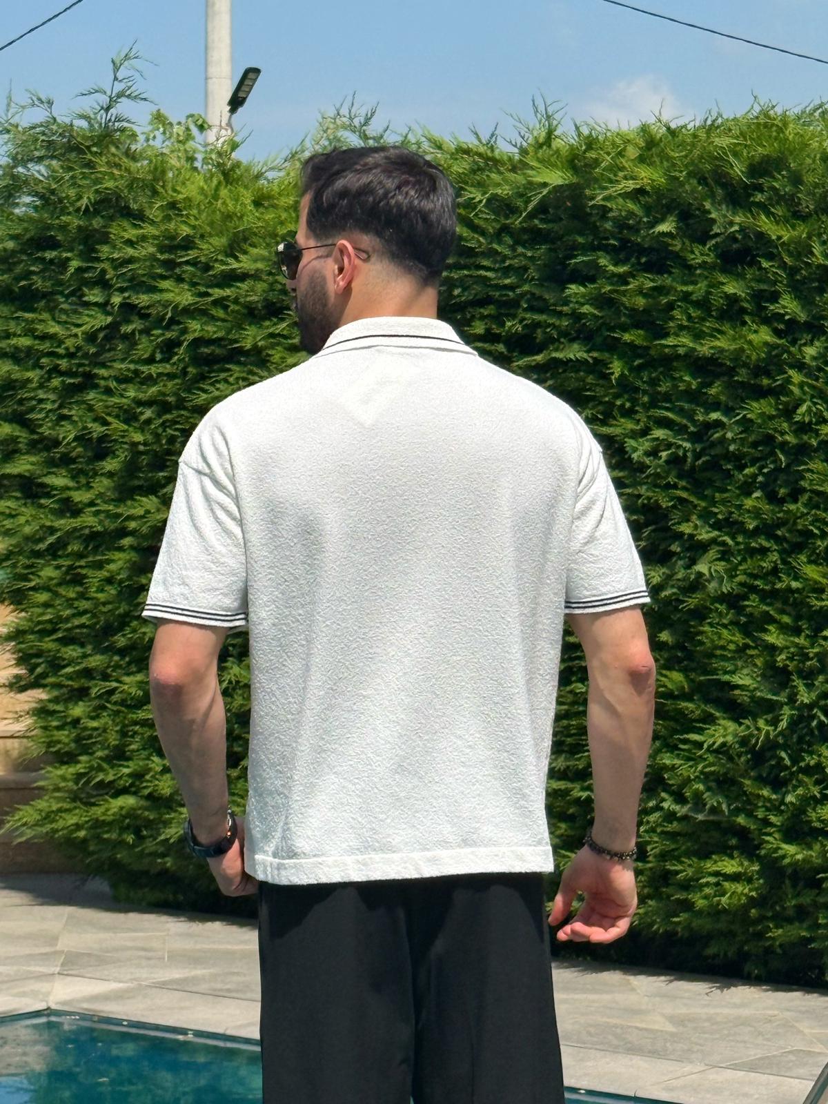 Beyaz Yazlık Dokulu Polo Yaka Triko Tişört