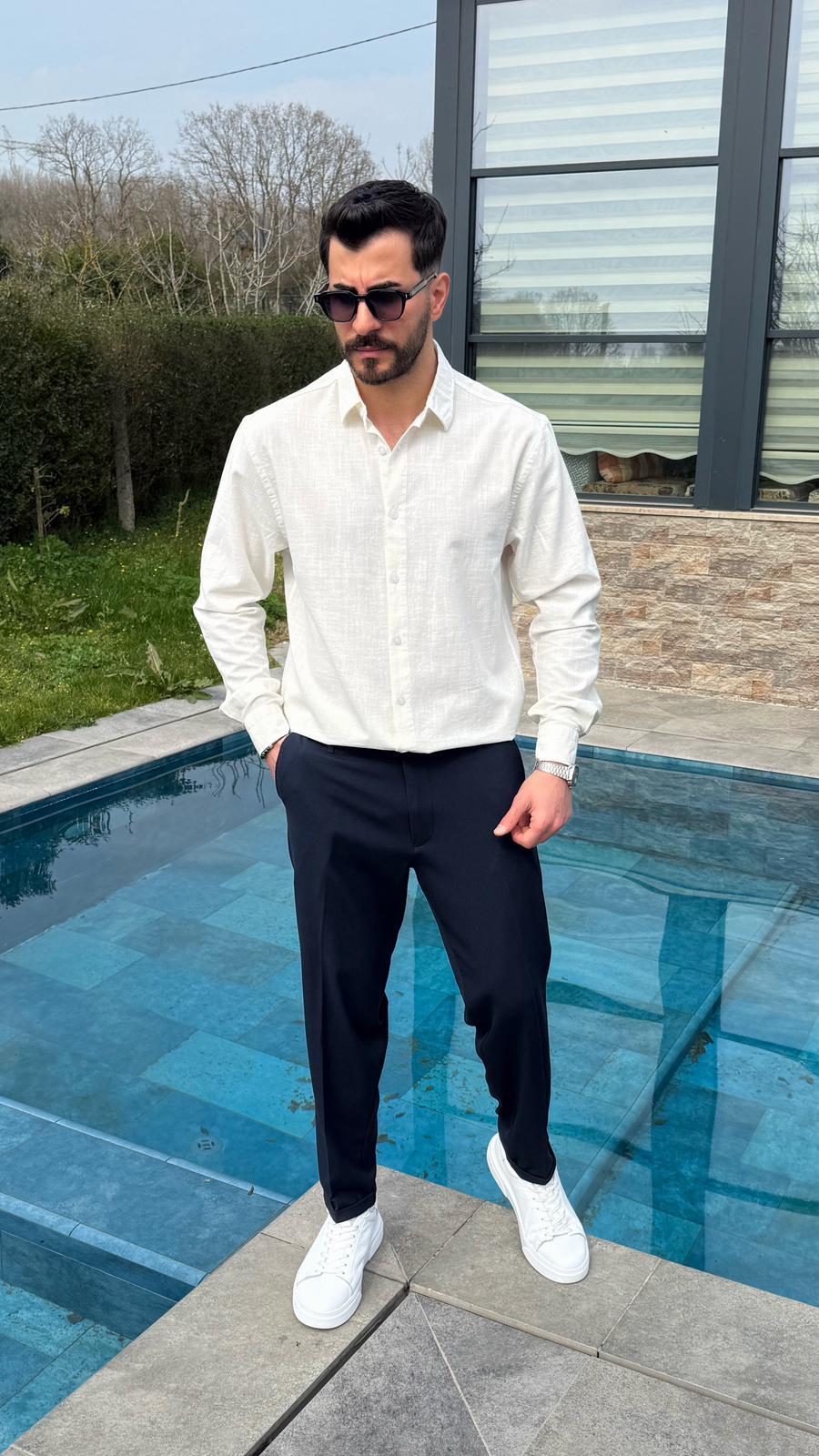 Beyaz Yazlık Fresh Keten Kumaş Tam Kalıp Gömlek
