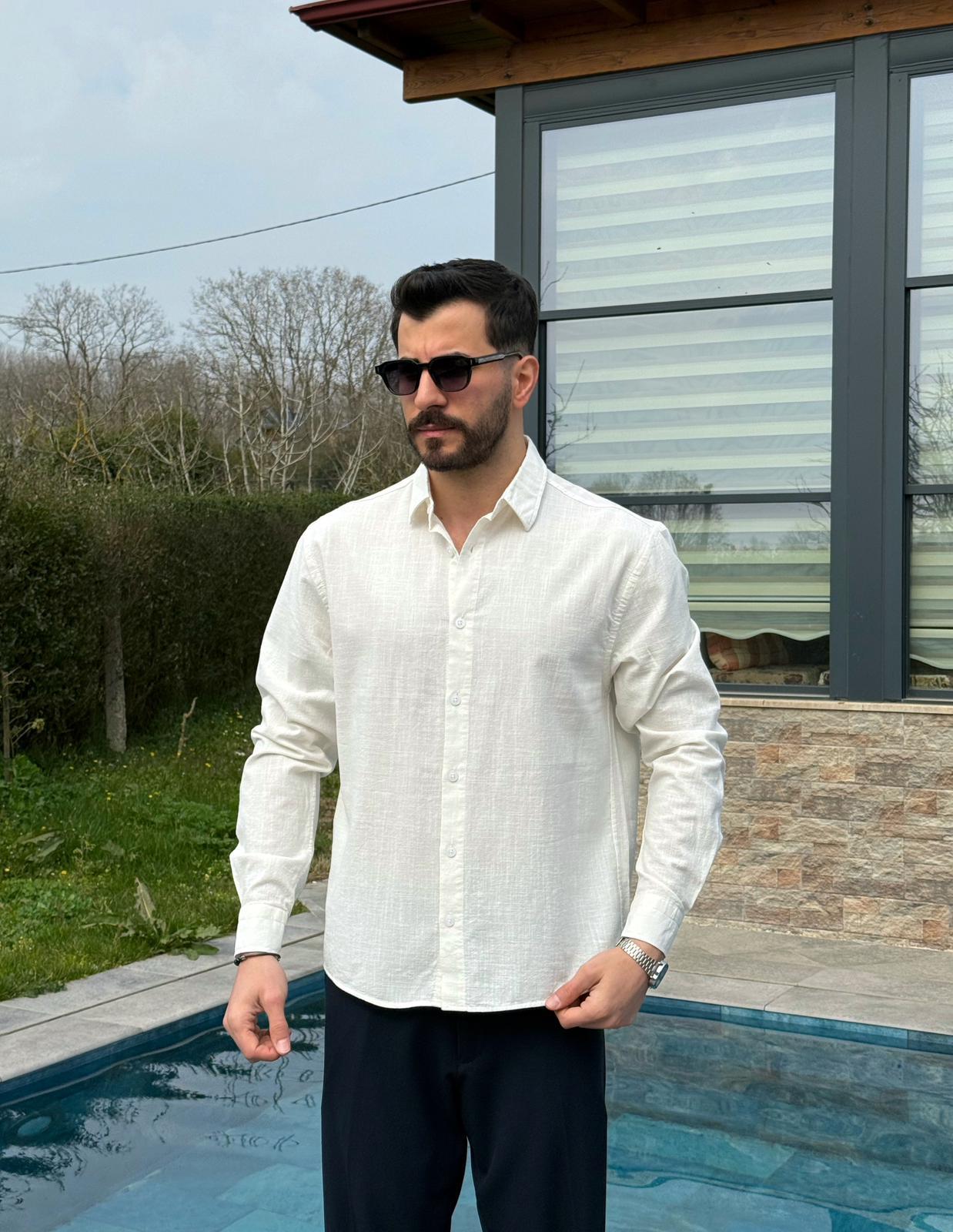Beyaz Yazlık Fresh Keten Kumaş Tam Kalıp Gömlek
