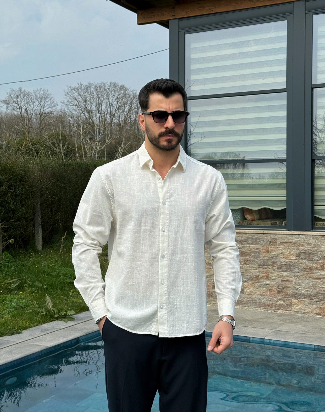 Beyaz Yazlık Fresh Keten Kumaş Tam Kalıp Gömlek