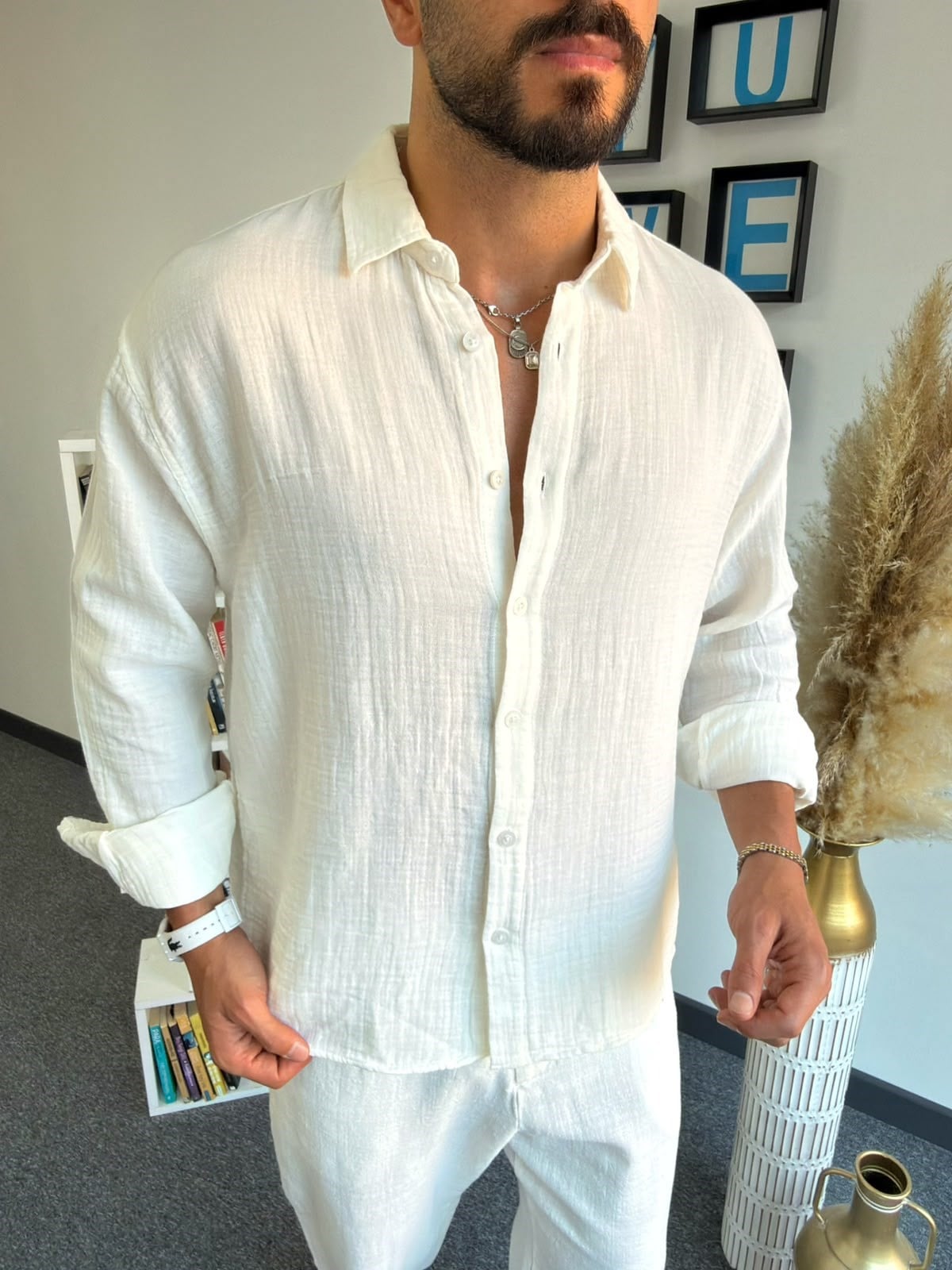 Beyaz Yazlık Müslin Keten Oversize Gömlek