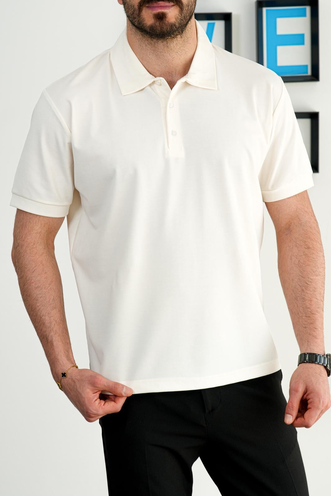Beyaz Yazlık Osyho Kumaş Likralı Tam Kalıp Polo T-Shirt