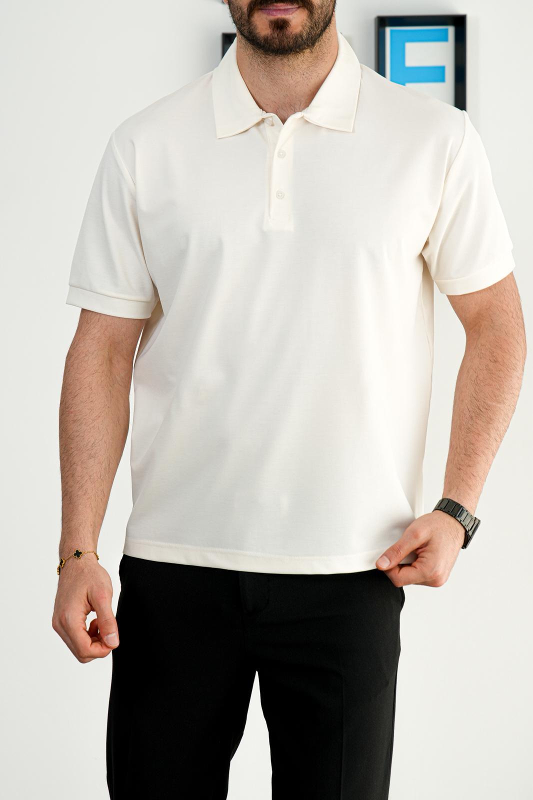 Beyaz Yazlık Osyho Kumaş Likralı Tam Kalıp Polo T-Shirt