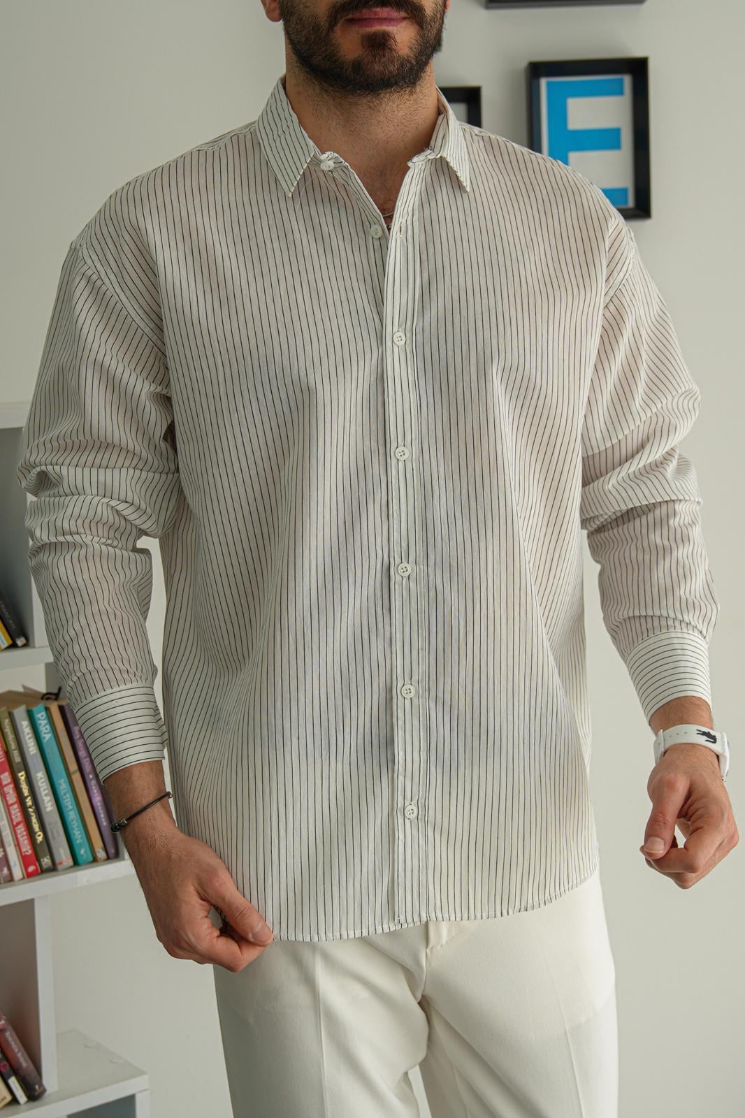 Beyaz Yazlık Oversize Kendinden Çizgili Premium Gömlek