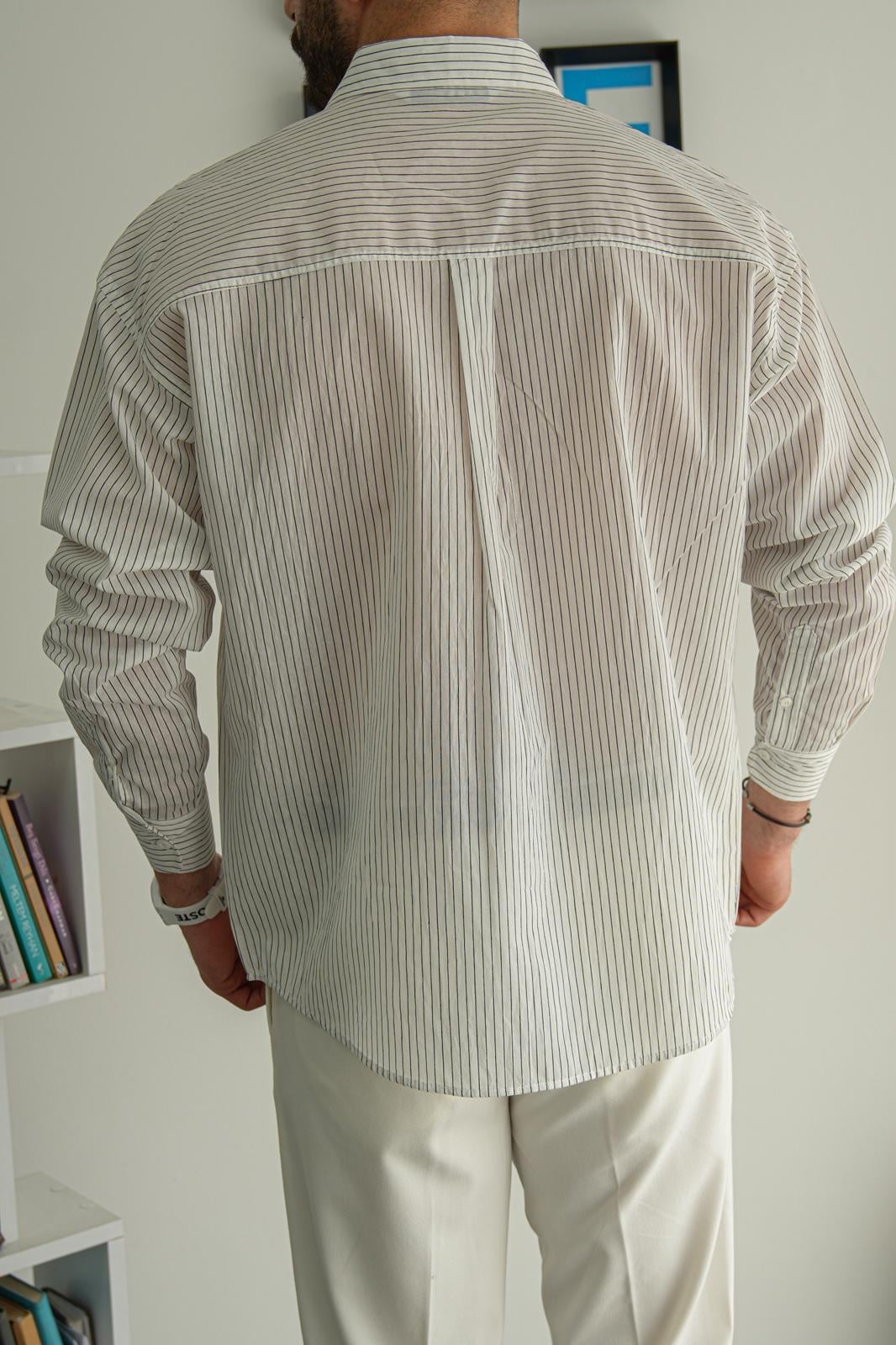 Beyaz Yazlık Oversize Kendinden Çizgili Premium Gömlek