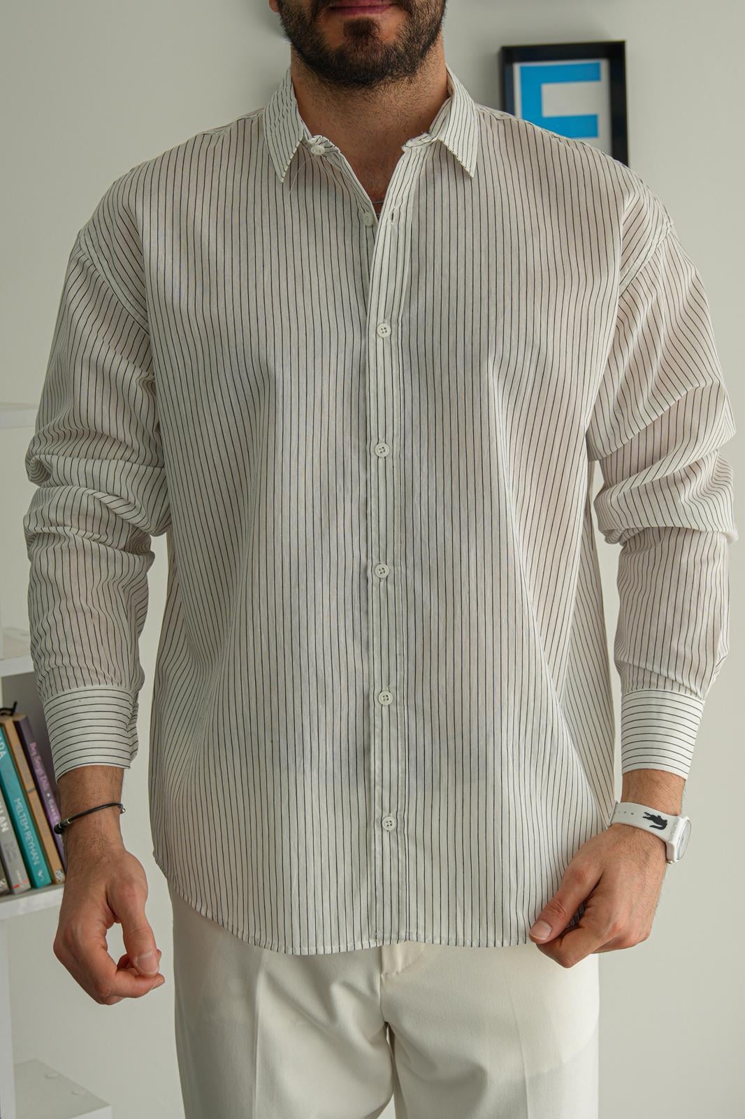 Beyaz Yazlık Oversize Kendinden Çizgili Premium Gömlek