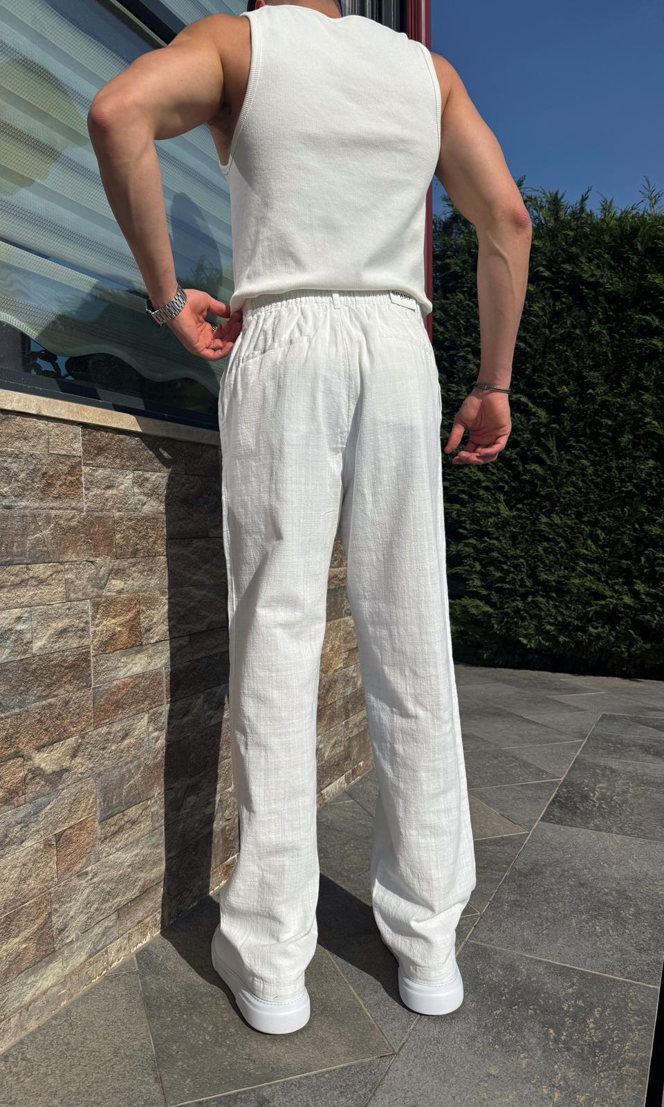 Beyaz Yazlık Premium Keten Baggy Pantolon