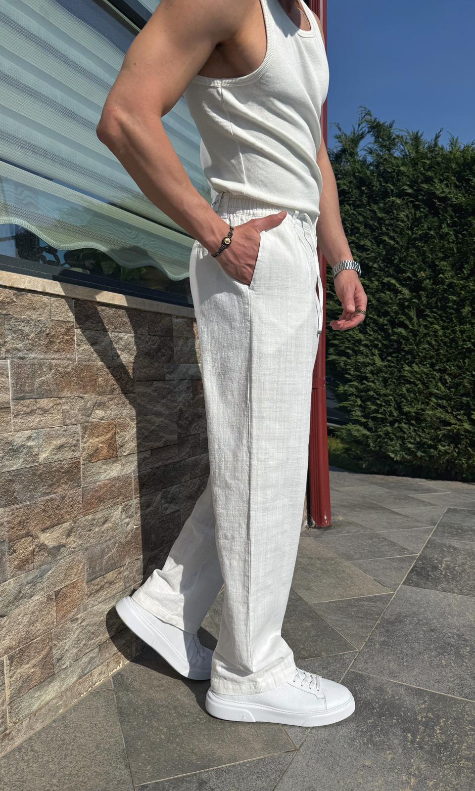 Beyaz Yazlık Premium Keten Baggy Pantolon