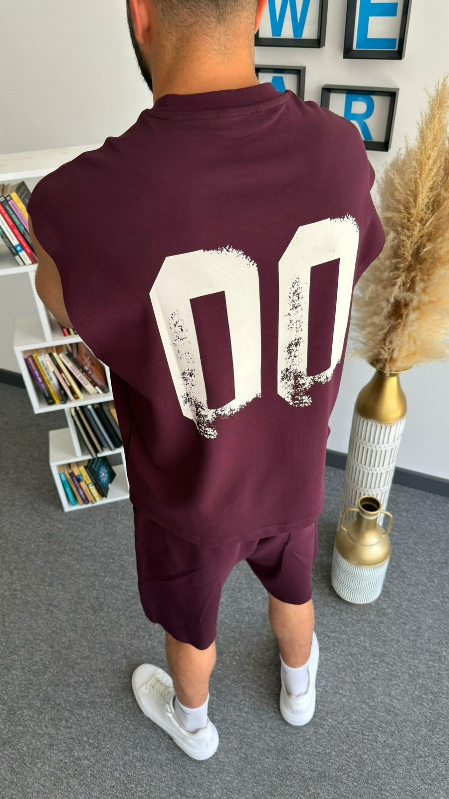 Bordo 00 Baskılı Sıfır Kol Oversize Takım