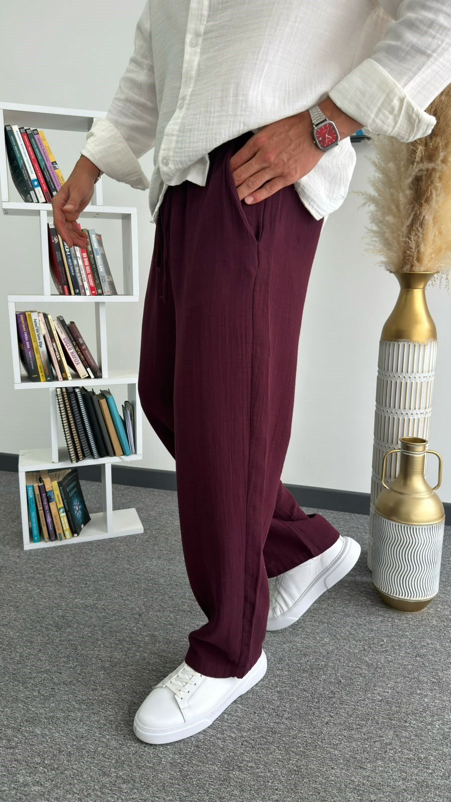 Bordo Müslin Keten Baggy Pantolon