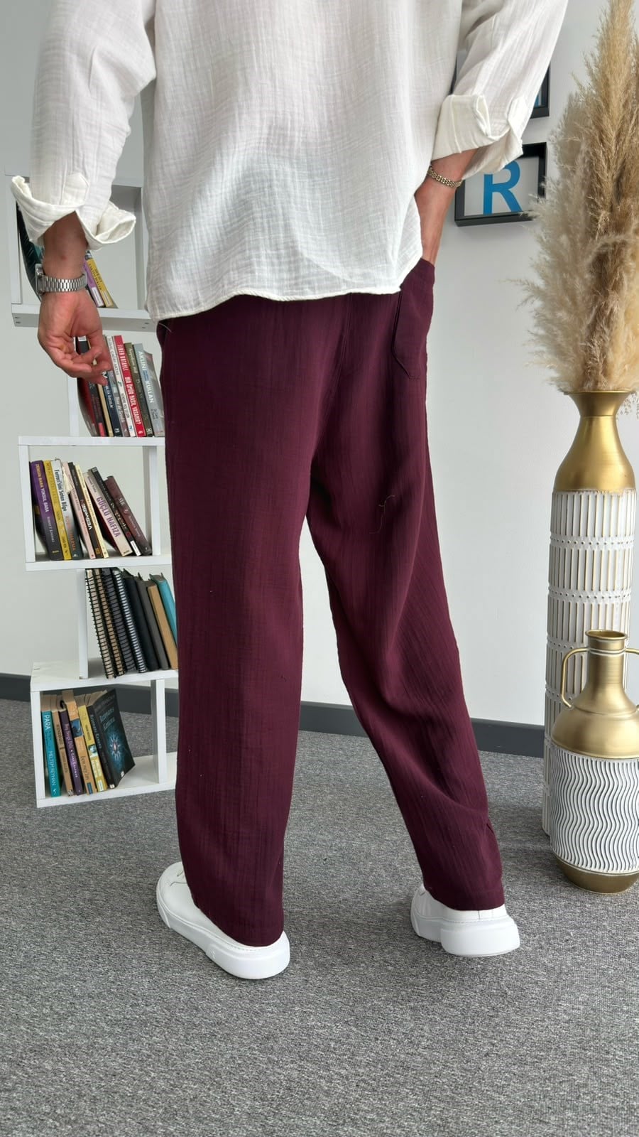 Bordo Müslin Keten Baggy Pantolon
