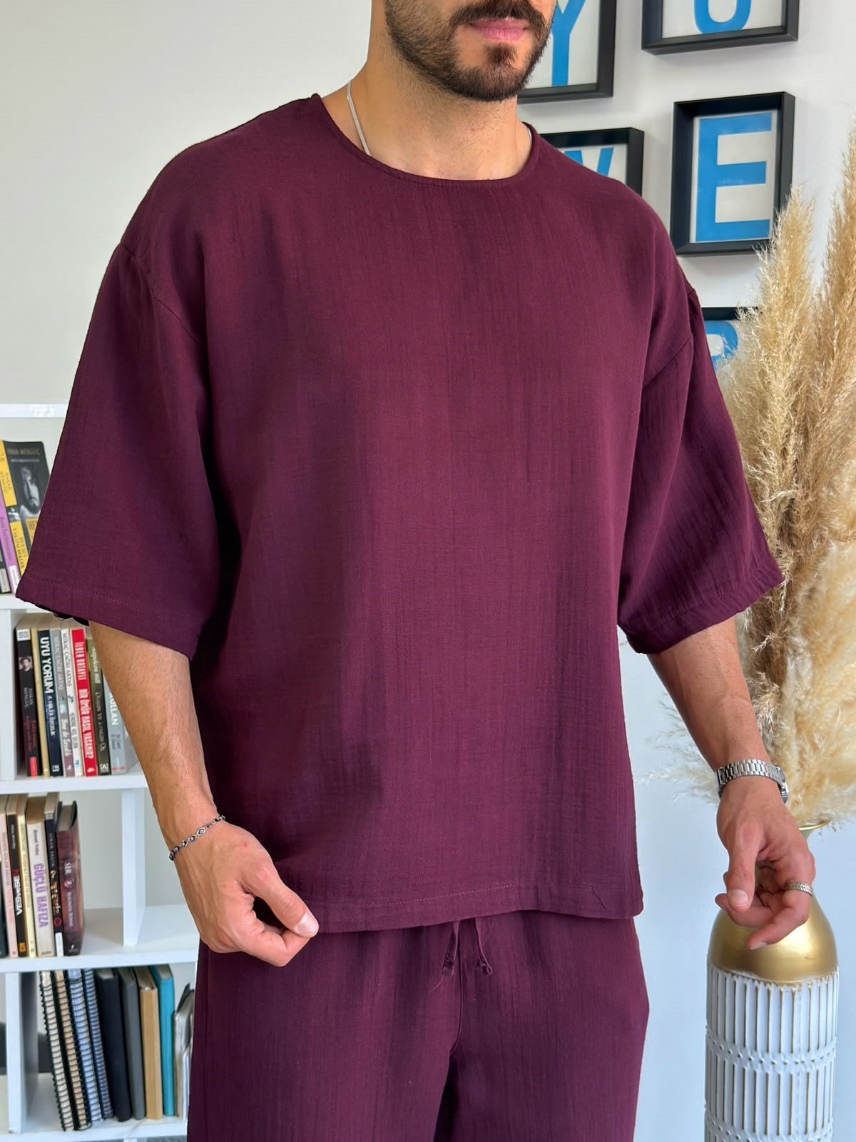 Bordo Müslin Kumaş Fakir Kol Oversize T-Shirt