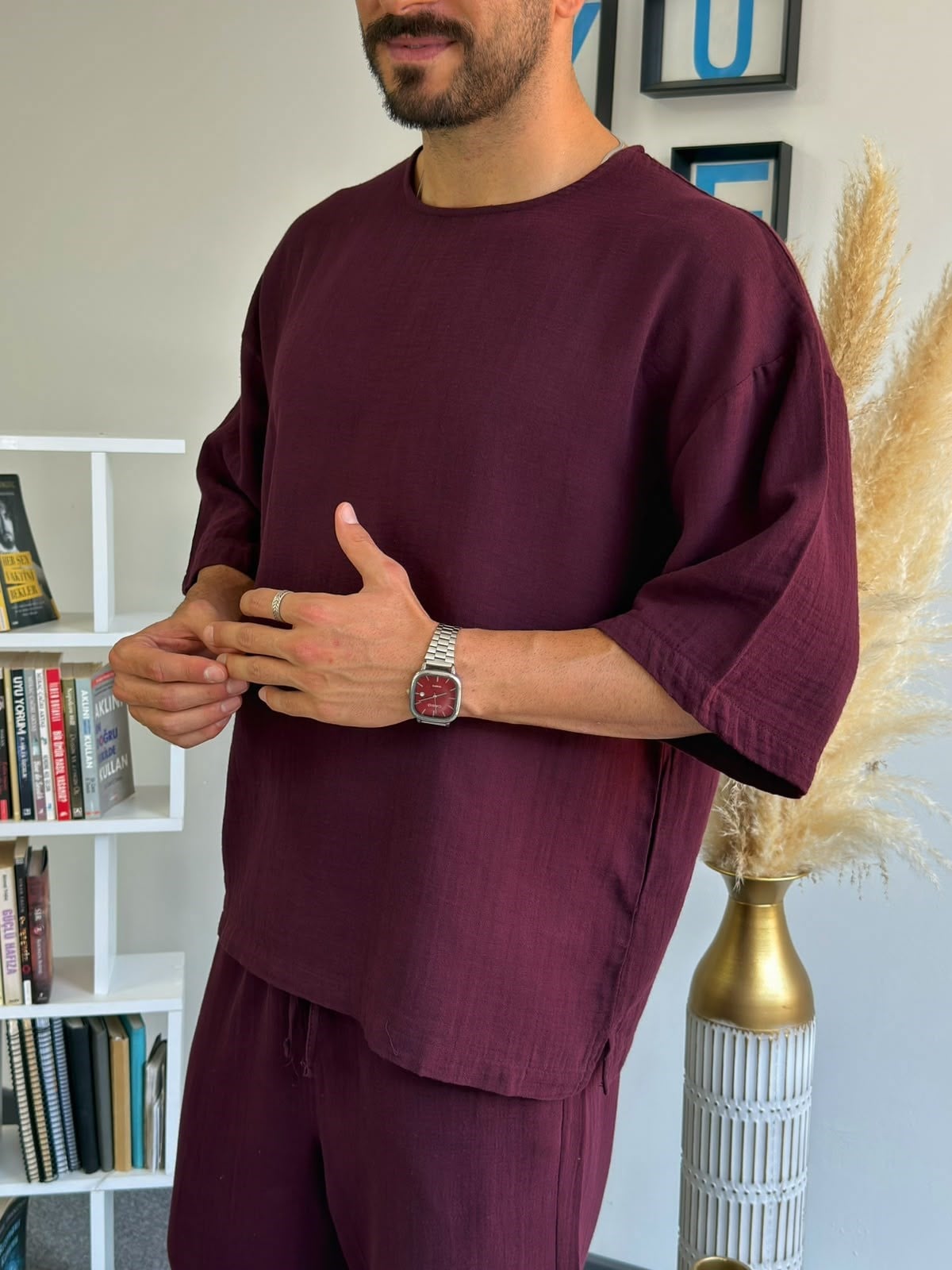 Bordo Müslin Kumaş Fakir Kol Oversize T-Shirt