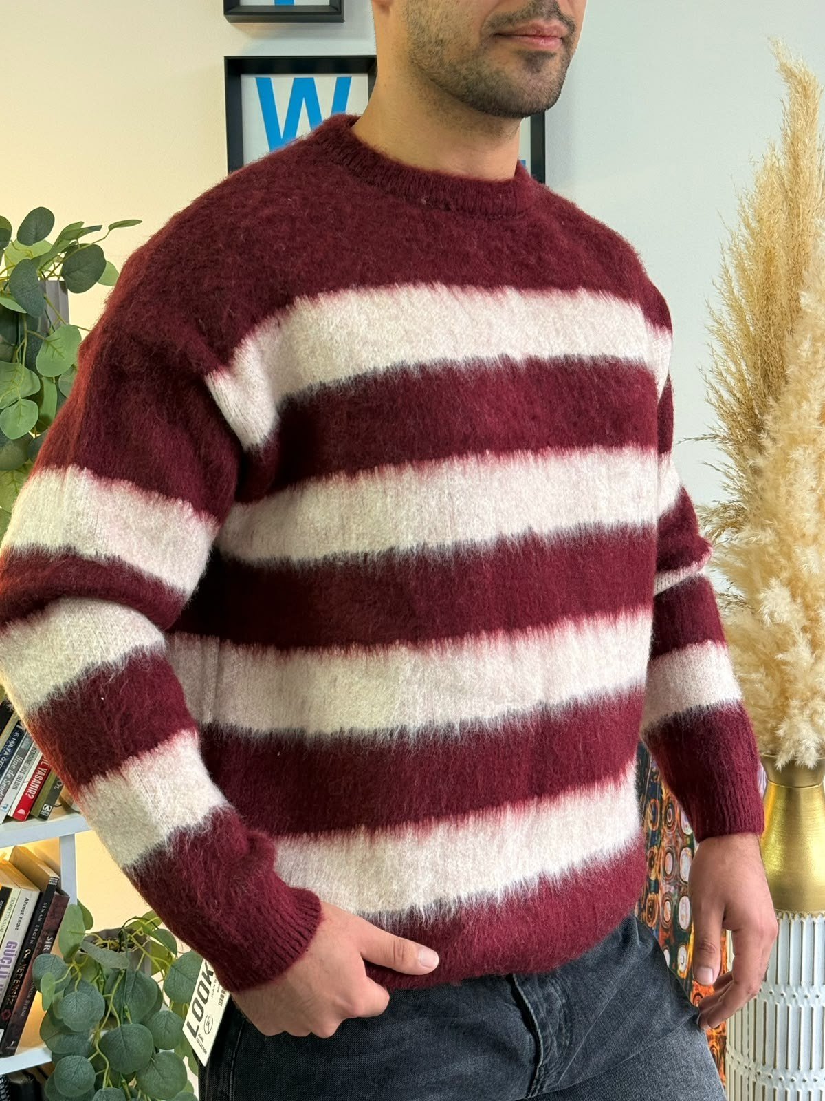 Bordo Premium Dokulu Oversize Çizgili Triko Kazak