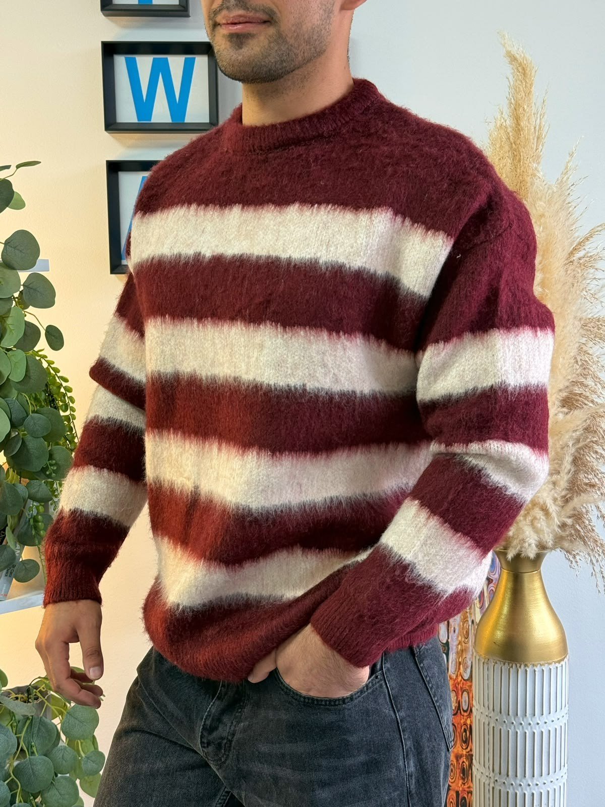 Bordo Premium Dokulu Oversize Çizgili Triko Kazak