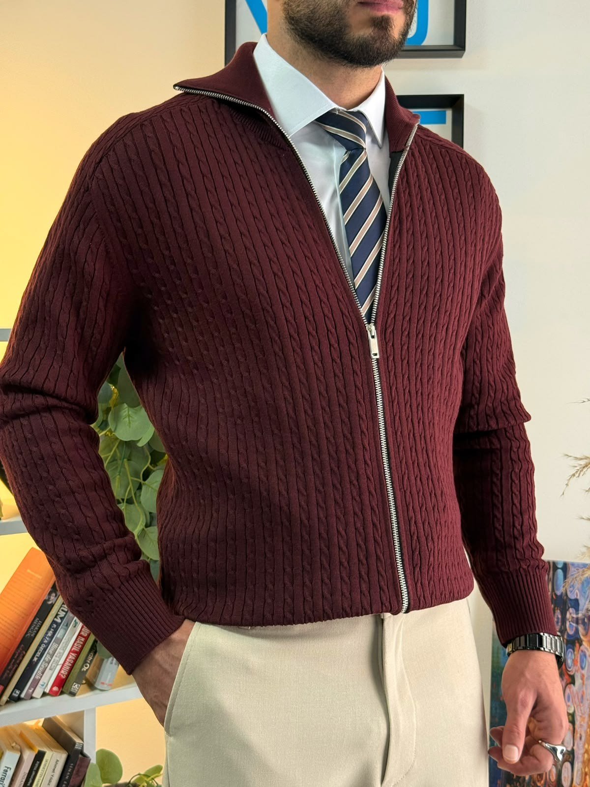 Bordo Regular Fit Halat Desenli Ribana Detaylı Triko Hırka