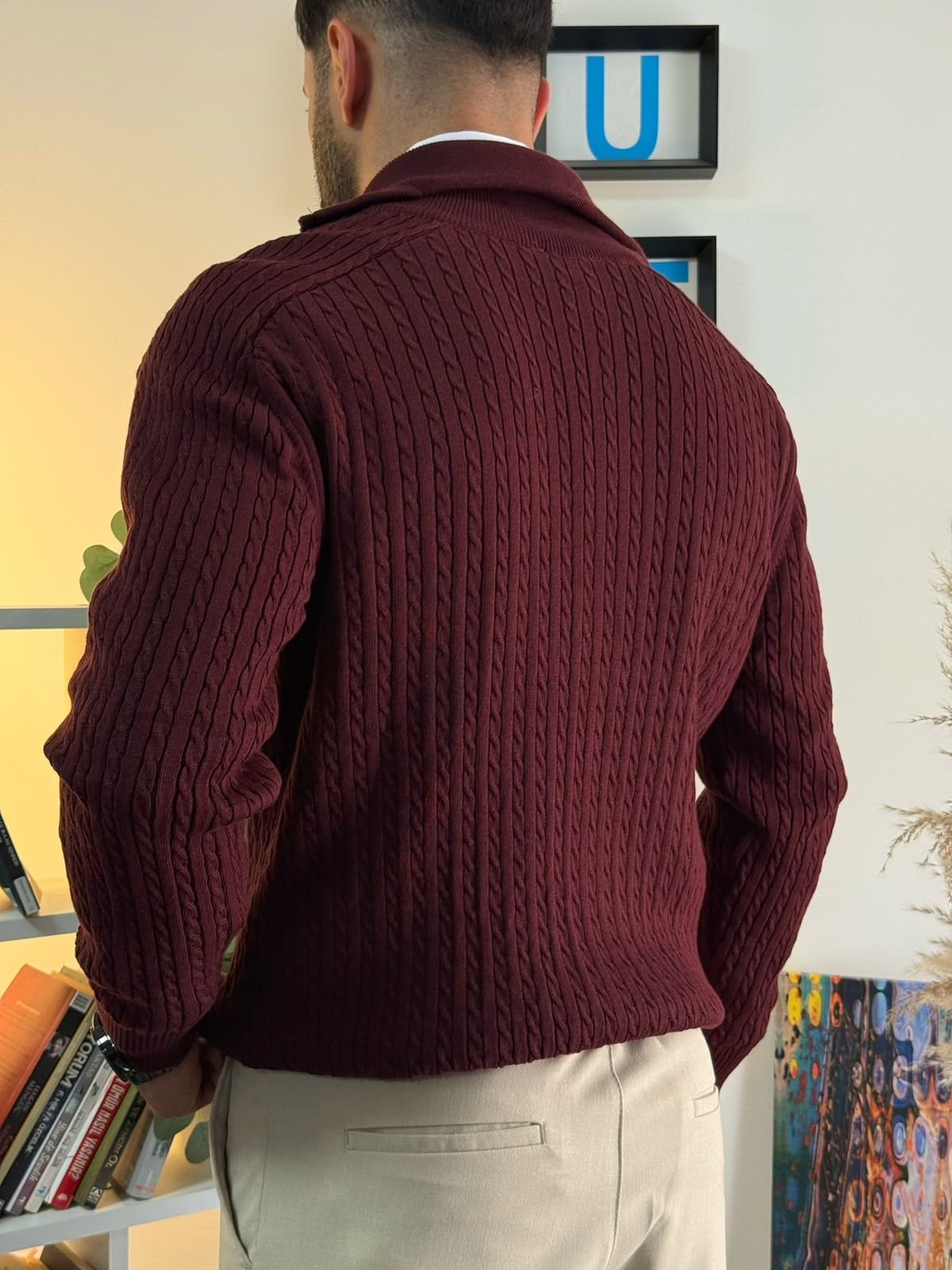 Bordo Regular Fit Halat Desenli Ribana Detaylı Triko Hırka