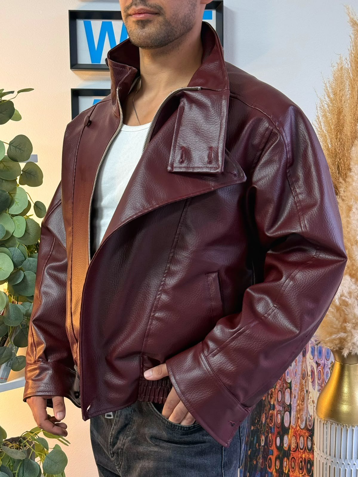 Bordo Vintage Kruvaze Deri Mont