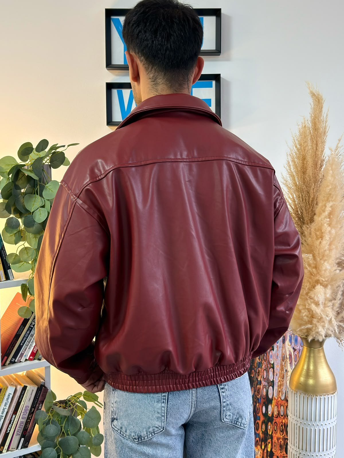 Bordo Vintage Oversize Tokalı Deri Mont