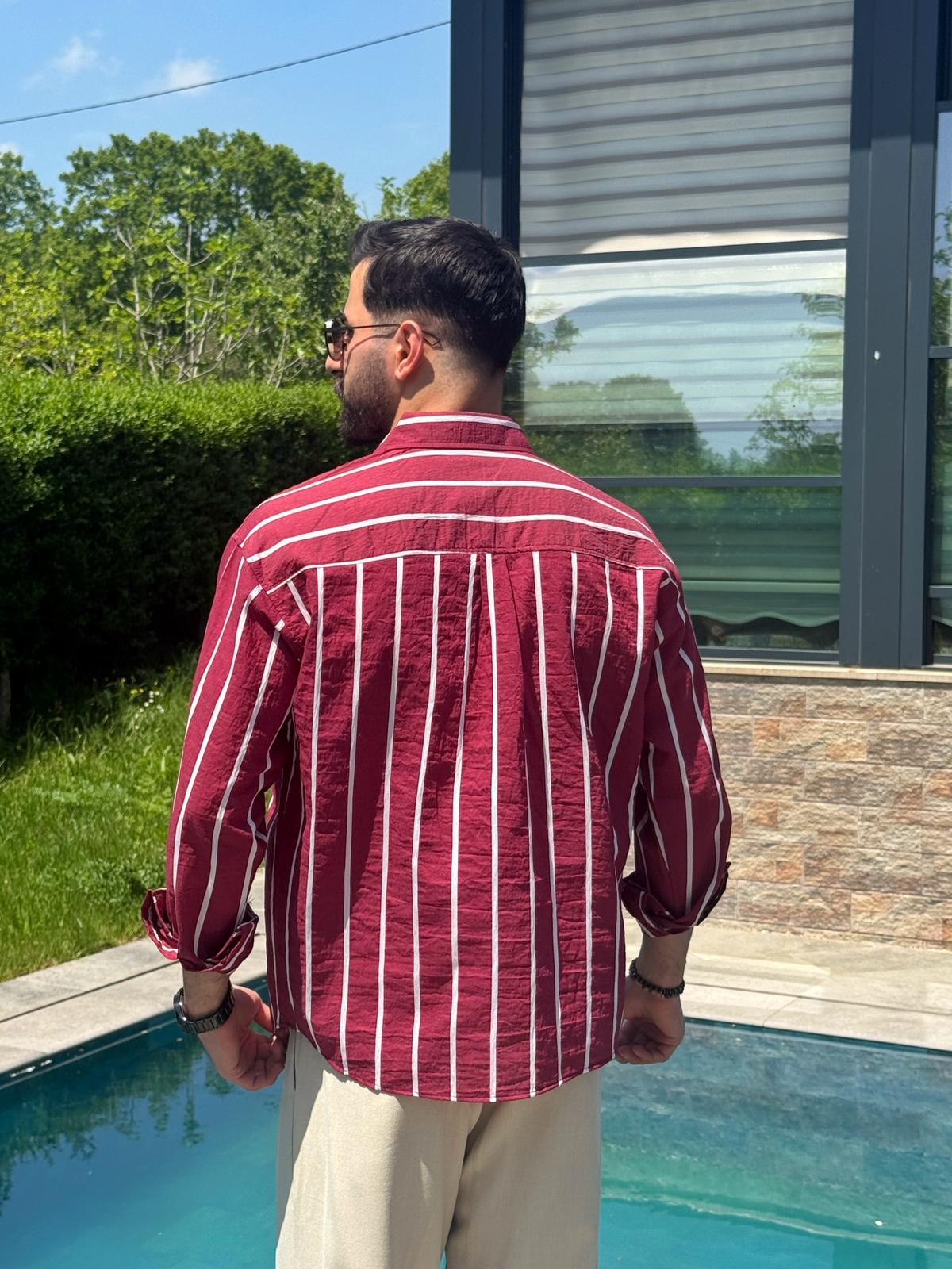 Bordo Yazlık Çizgili Keten Dokulu Gömlek