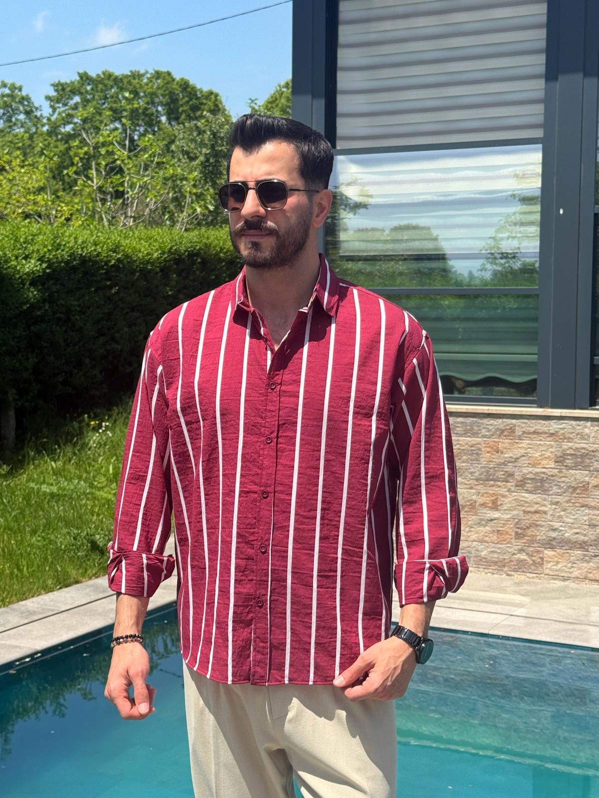 Bordo Yazlık Çizgili Keten Dokulu Gömlek