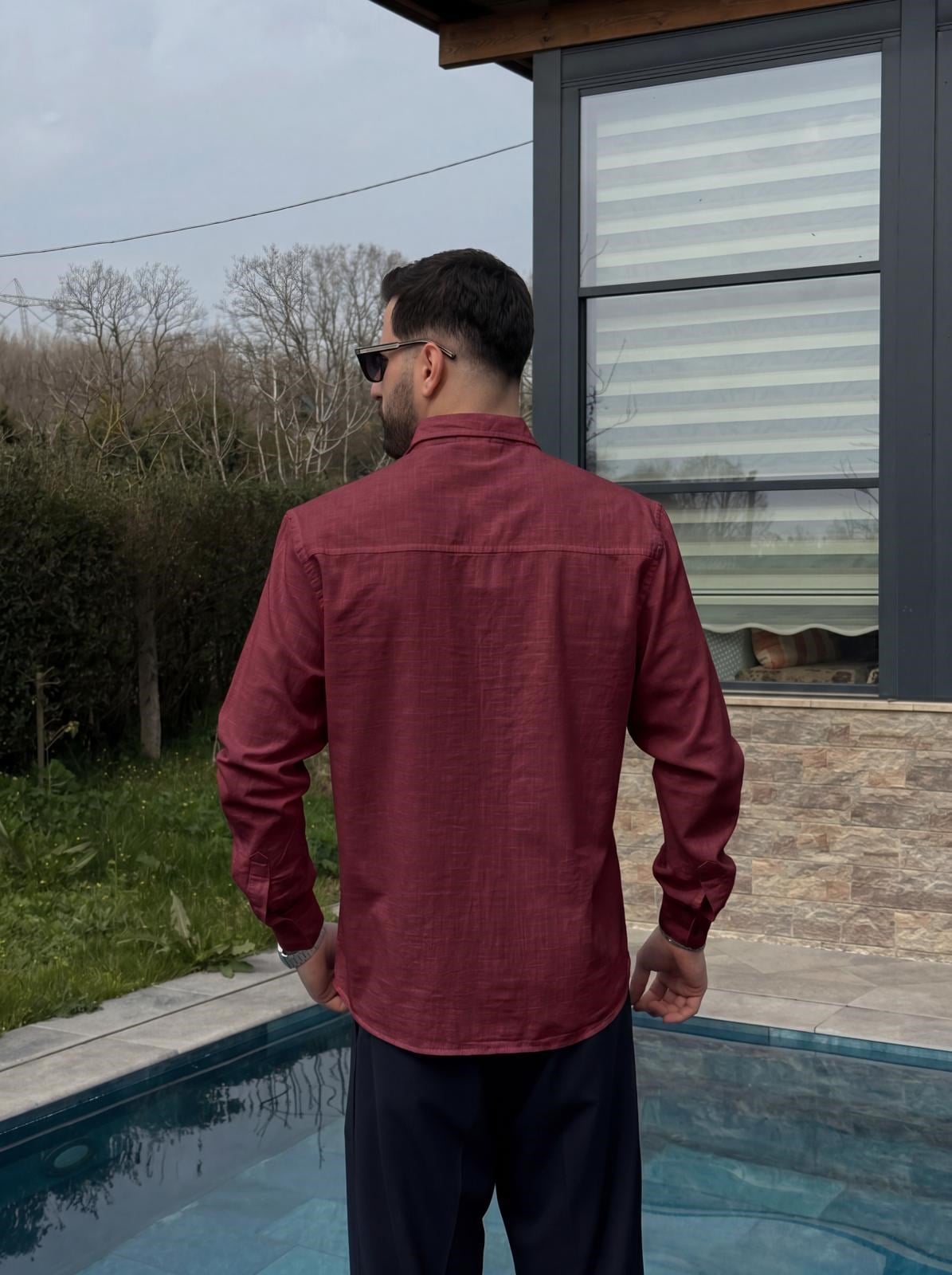 Bordo Yazlık Fresh Keten Kumaş Tam Kalıp Gömlek