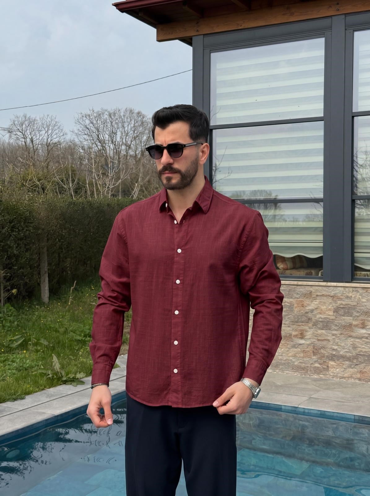 Bordo Yazlık Fresh Keten Kumaş Tam Kalıp Gömlek