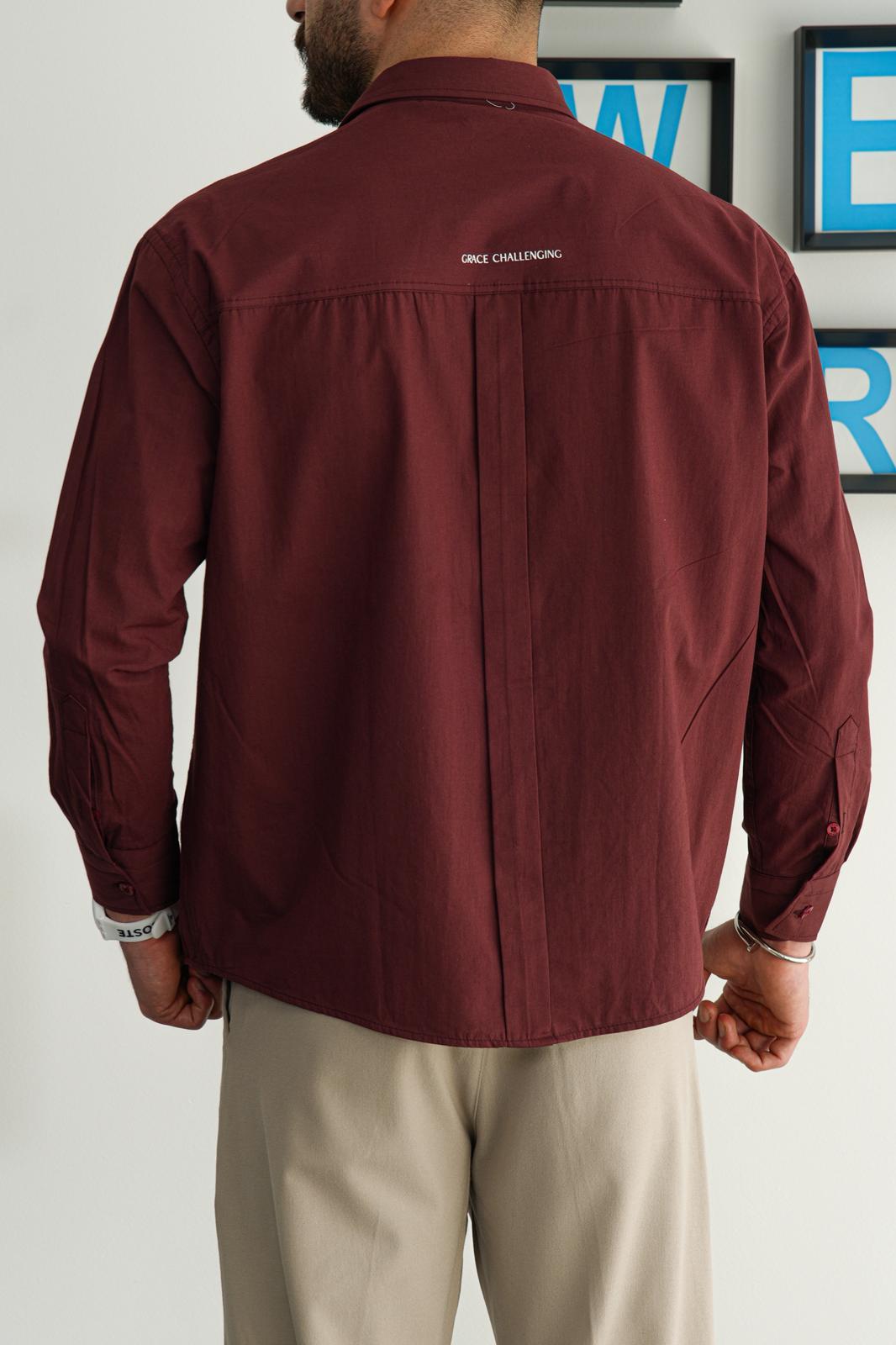 Bordo Yazlık Oversize Baskılı Cepli Gömlek