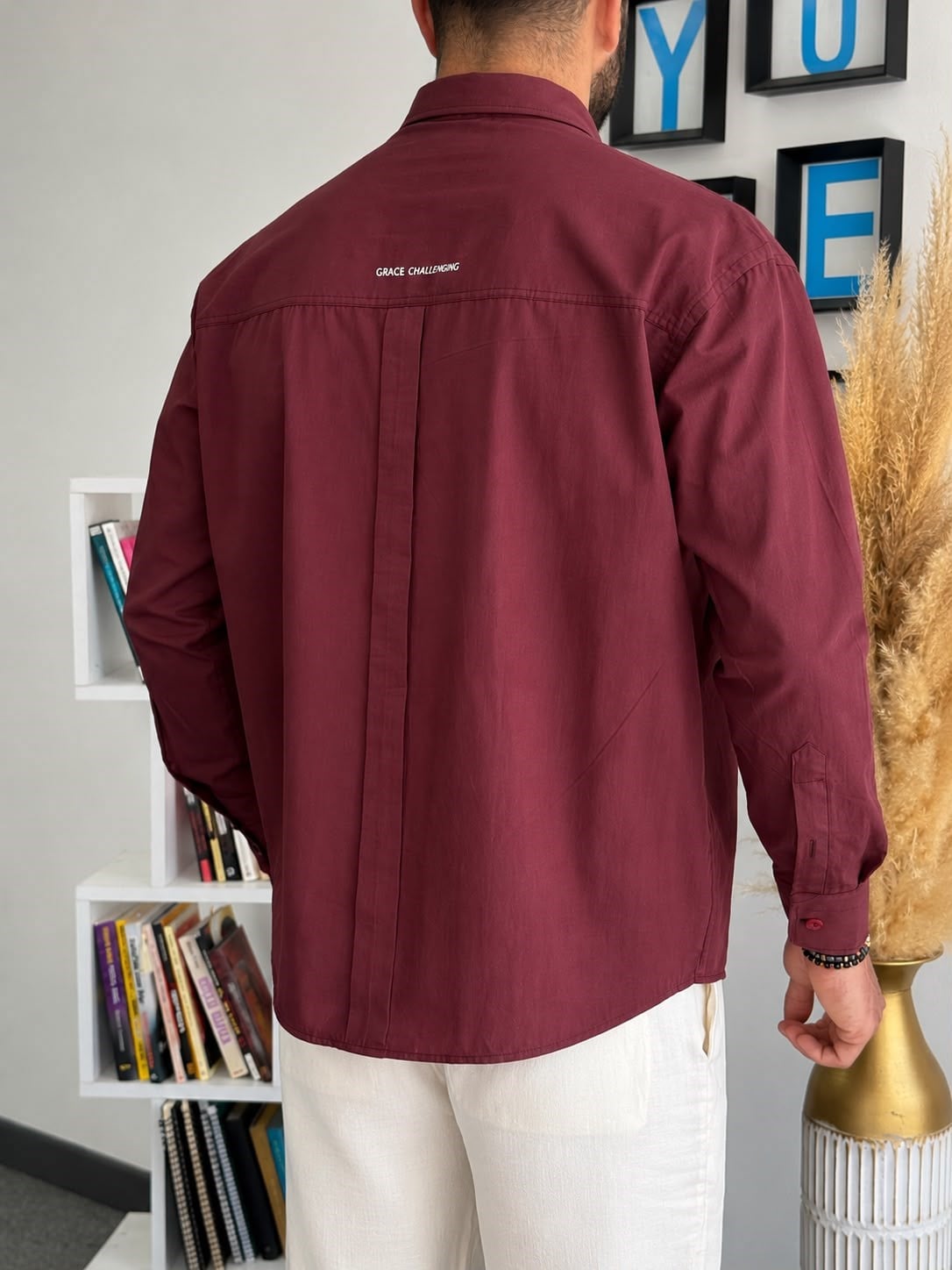 Bordo Yazlık Oversize Baskılı Cepli Gömlek