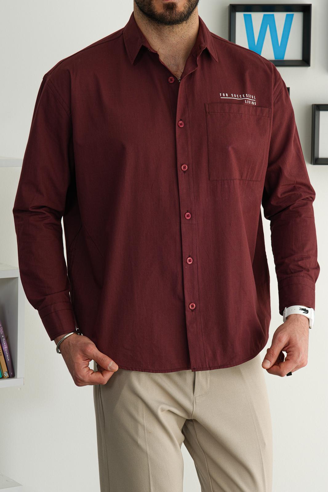 Bordo Yazlık Oversize Baskılı Cepli Gömlek