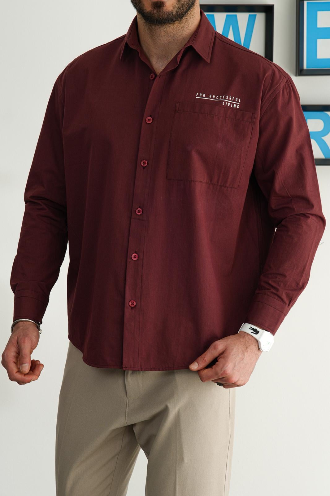 Bordo Yazlık Oversize Baskılı Cepli Gömlek