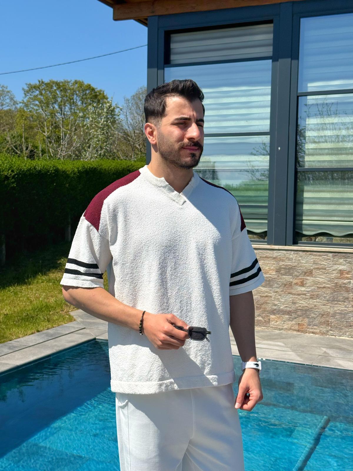 Bordo Yazlık Parçalı Polo Yaka Oversize Triko Tişört
