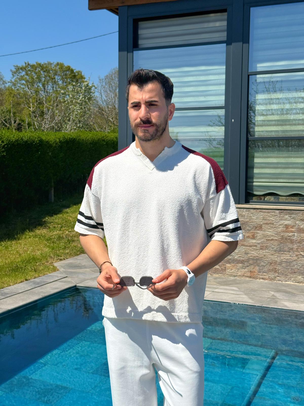 Bordo Yazlık Parçalı Polo Yaka Oversize Triko Tişört