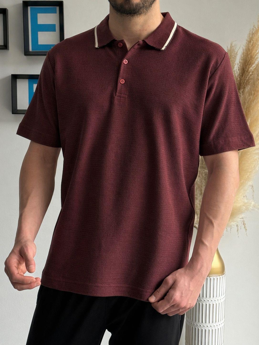 Bordo Yazlık Tam Kalıp Kendinden Desenli Polo Yaka T-Shirt