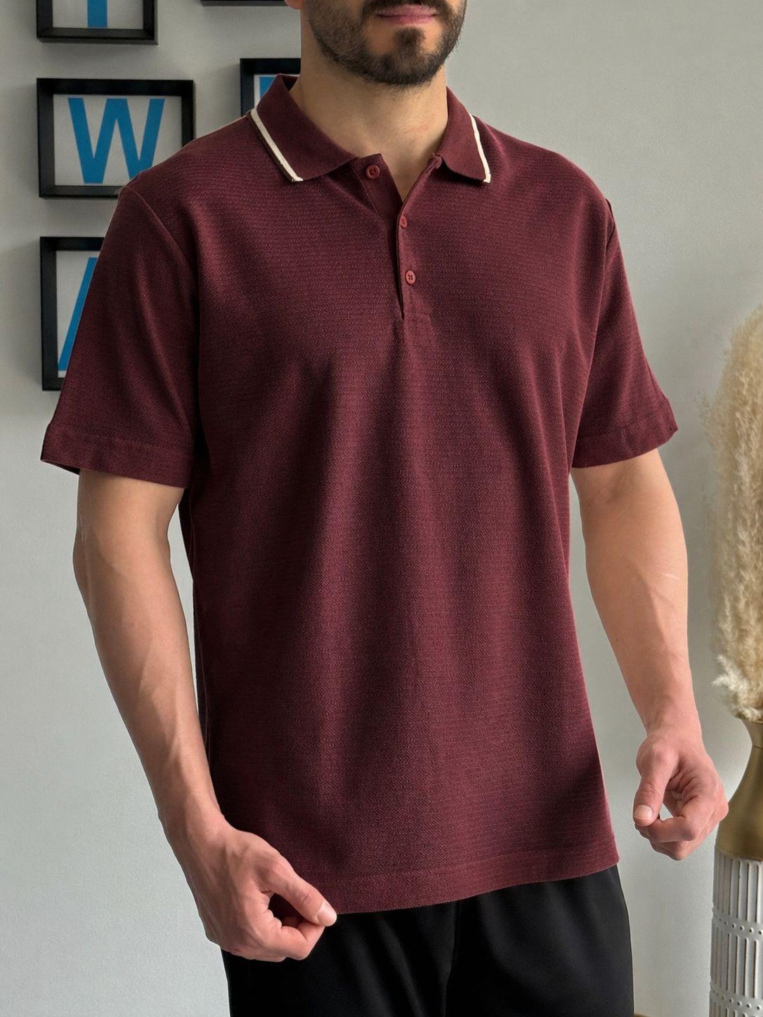 Bordo Yazlık Tam Kalıp Kendinden Desenli Polo Yaka T-Shirt
