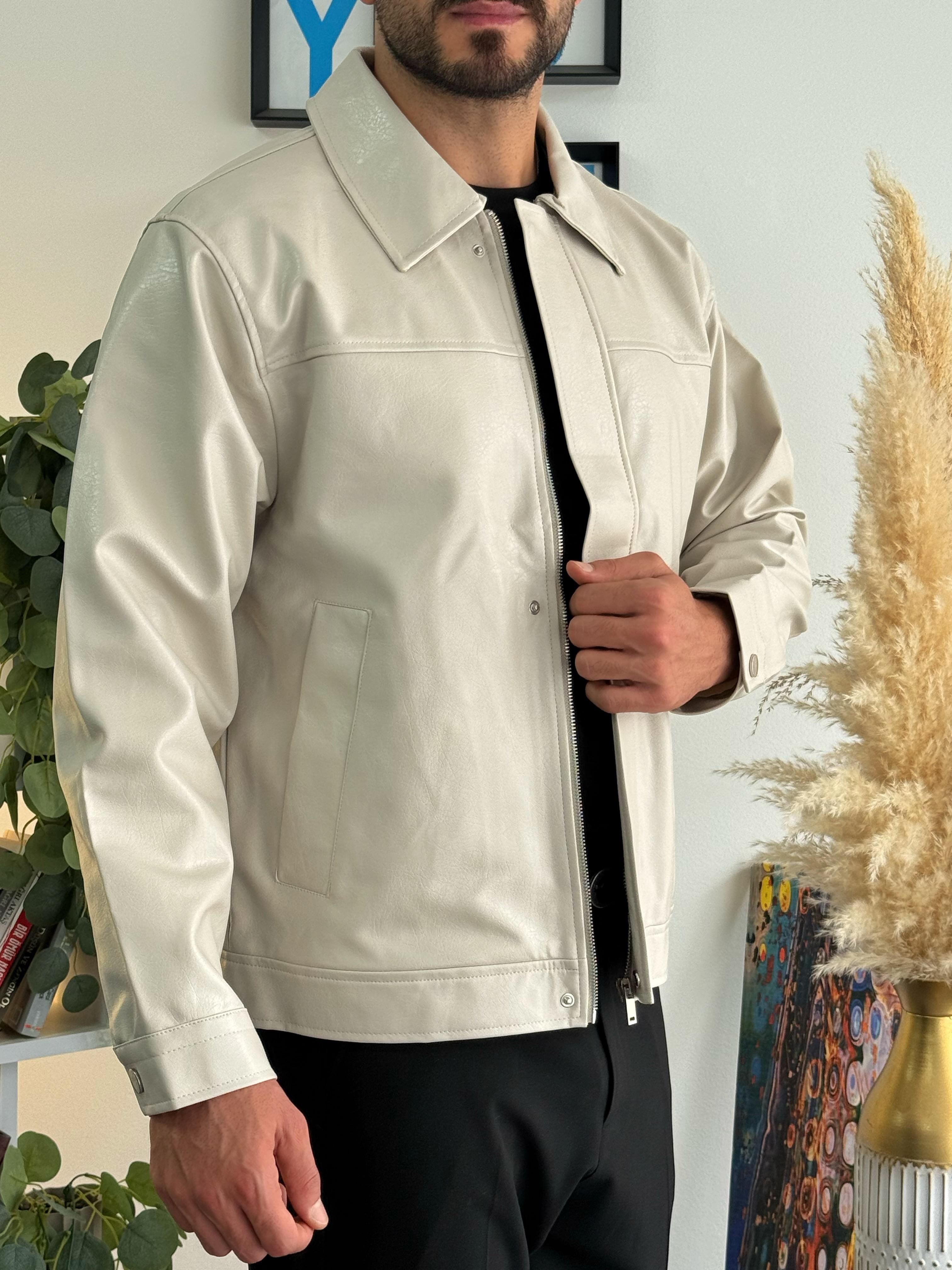 Crop Fit Deri Ceket Krem