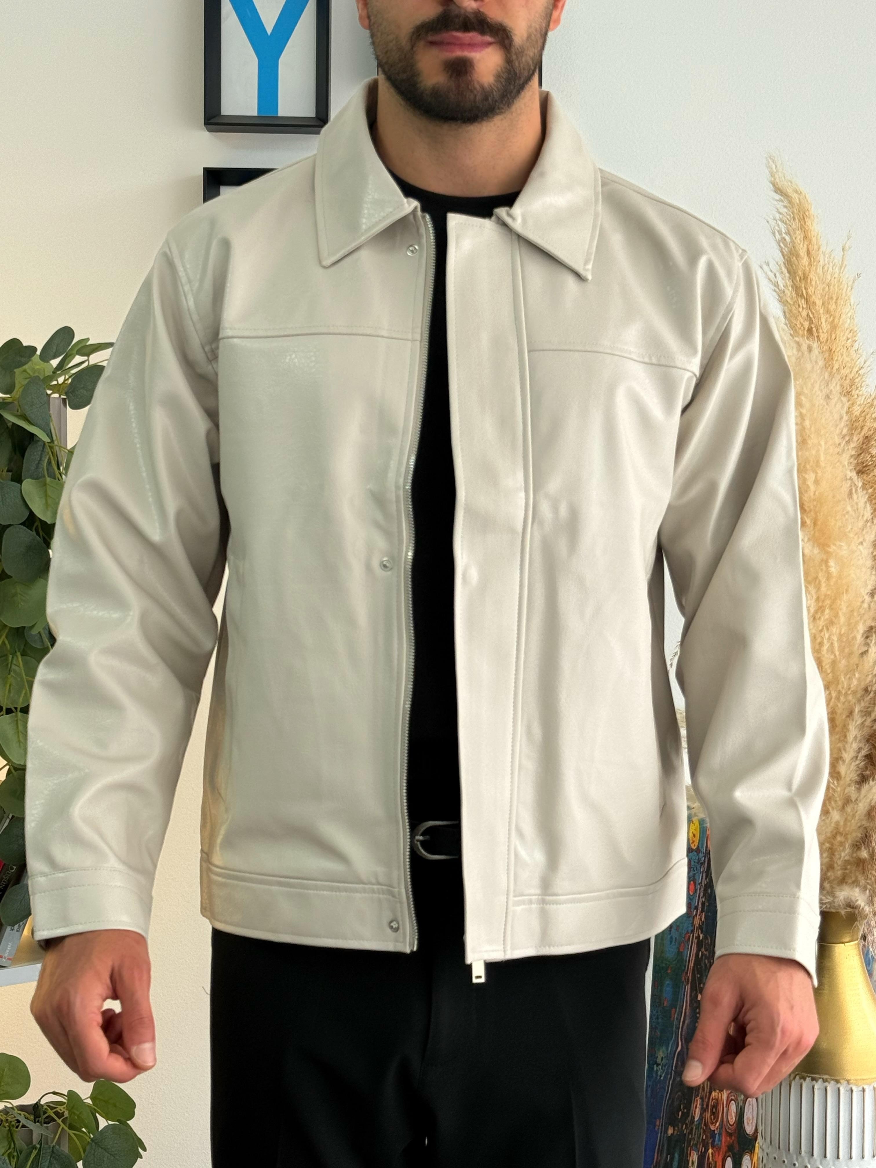 Crop Fit Deri Ceket Krem