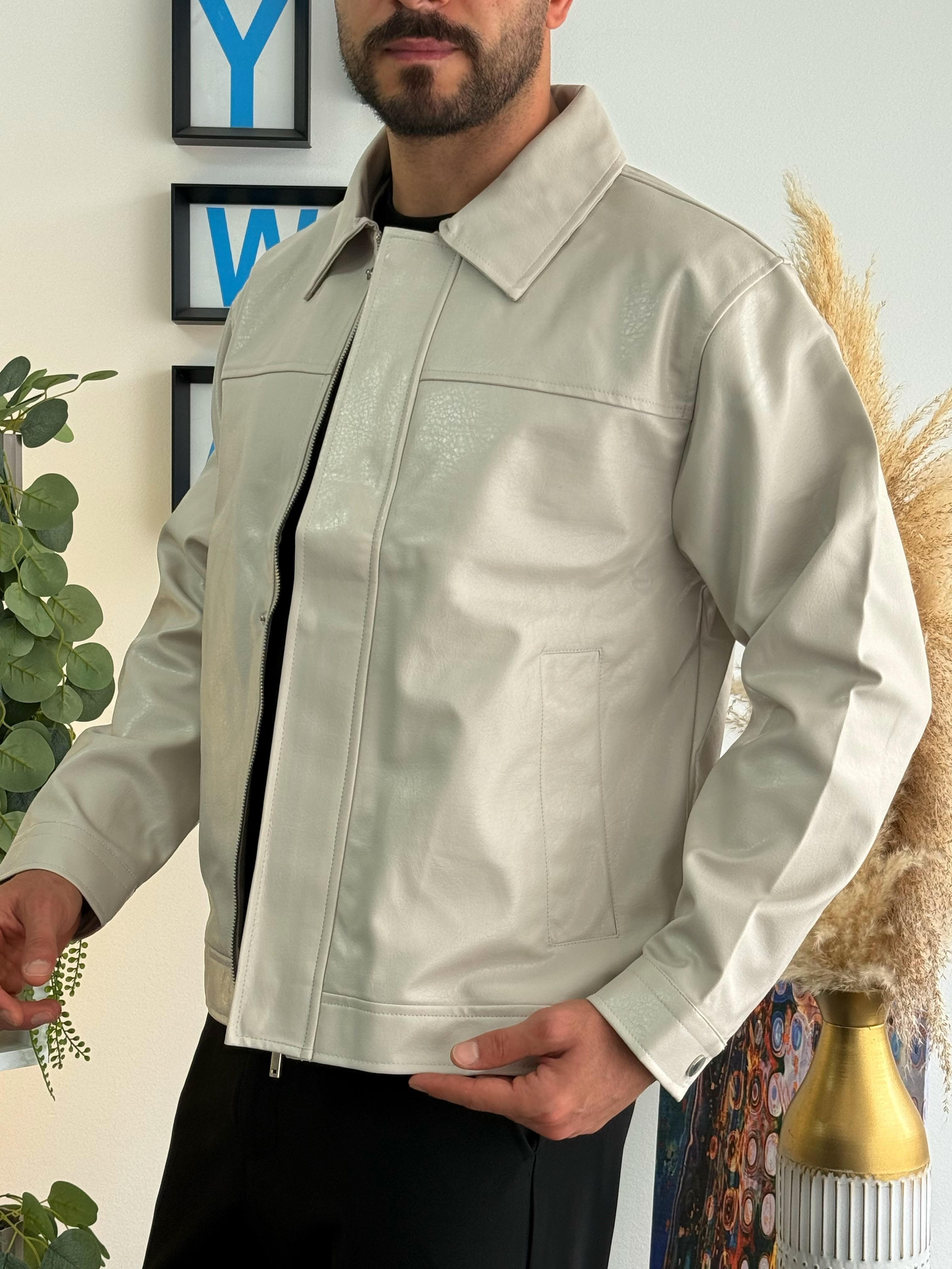 Crop Fit Deri Ceket Krem