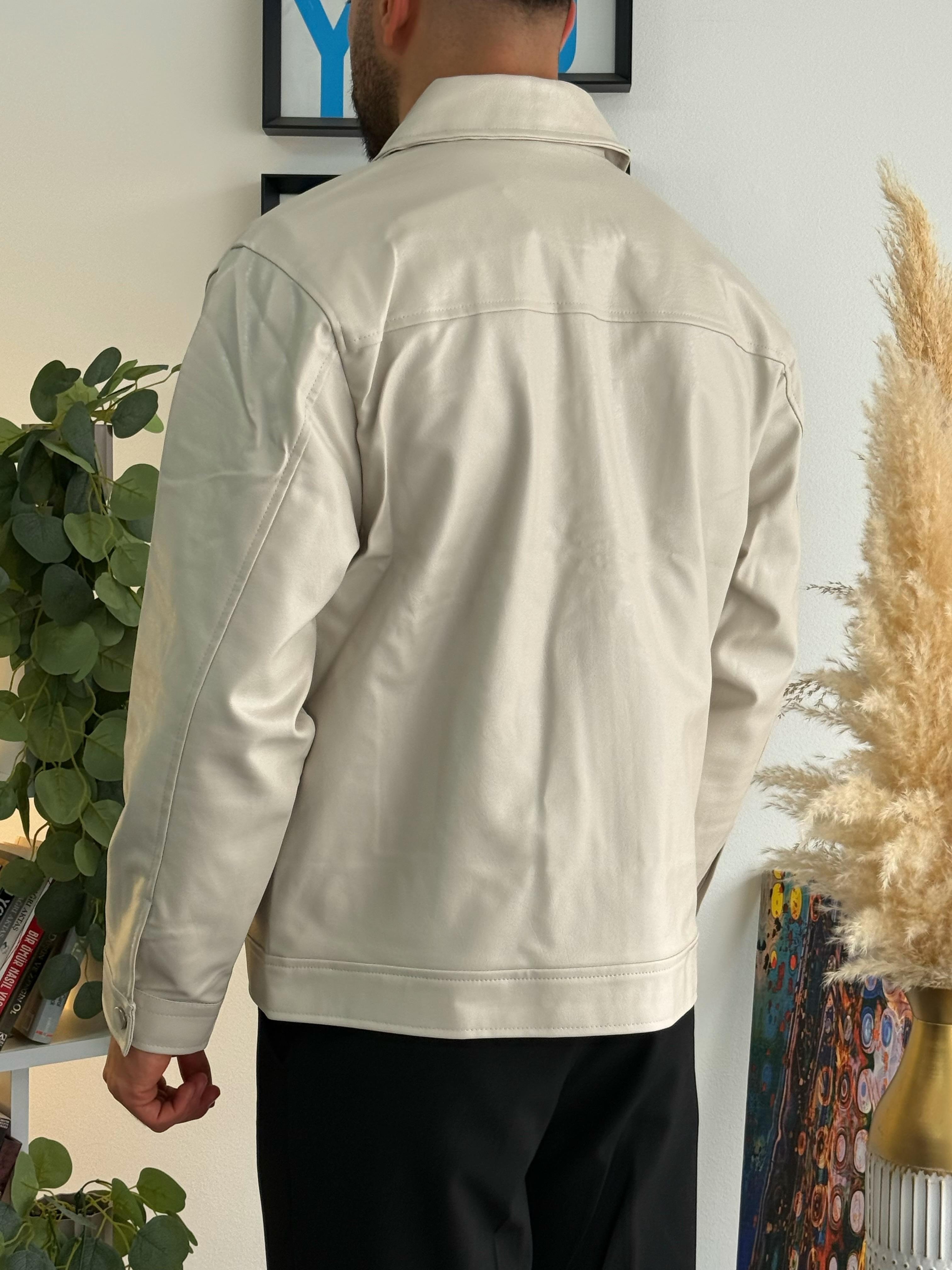 Crop Fit Deri Ceket Krem