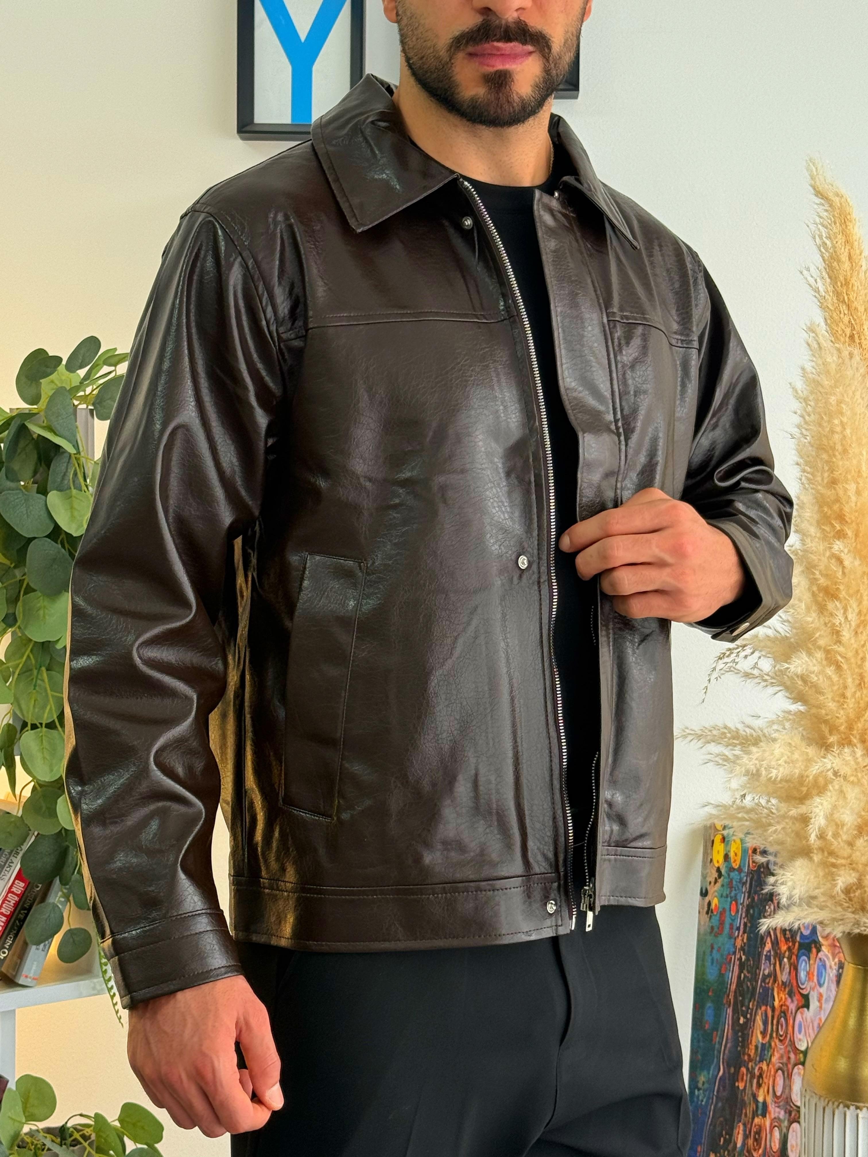 Crop Fit Deri Ceket Krem Kahverengi